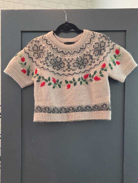 Zara Sweaters - Zara Cream Fair Isle Yoke Short-Sleeve Sweater with Red Floral Trim